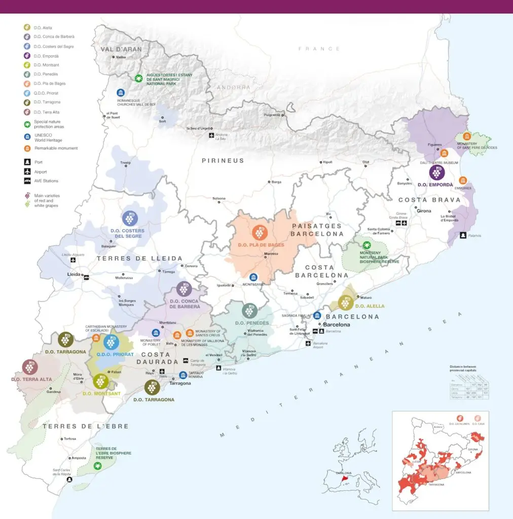 Map of catalonia Spain showing the wine regions of catalonia. (catalunya)