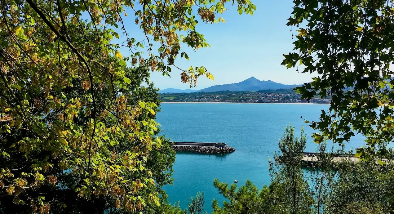 View through trees to the bay of Hondarribia, so close - to San Sebastian on our Best Day Trips from San Sebastian