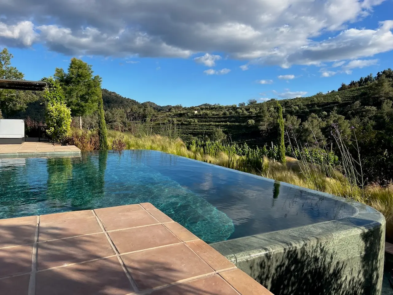 Mas D'En Bruno Hotel, Priorat with lovely wine shaped swimming pool set on the terraced vineyards. Perfect for your catalonia wine tours!