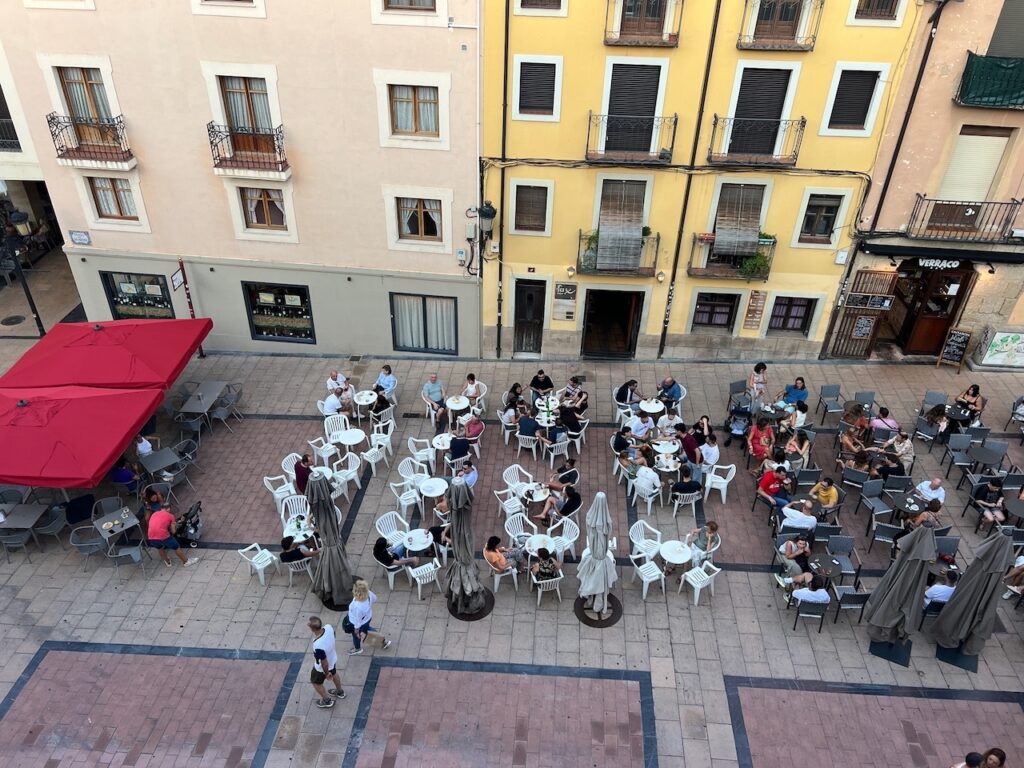 View from our room in Logrono overlooking a busy plaza in Spain.