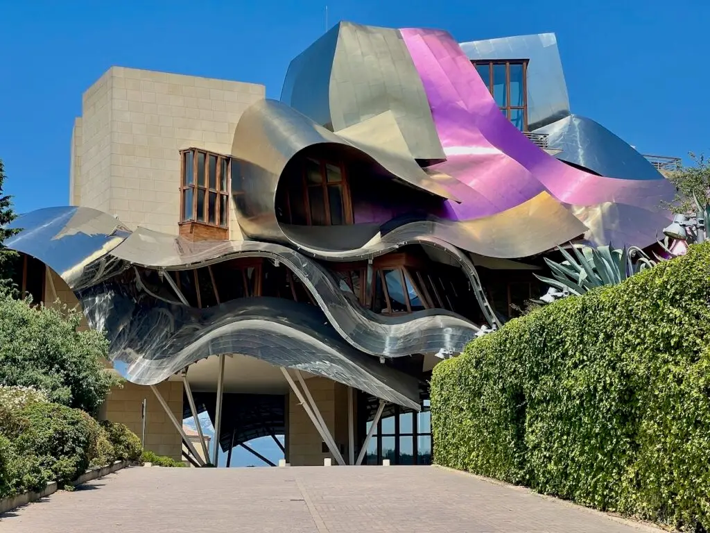 Marques de Riscal Spain Gehry 2024, picture of the front of the shiny wavy building