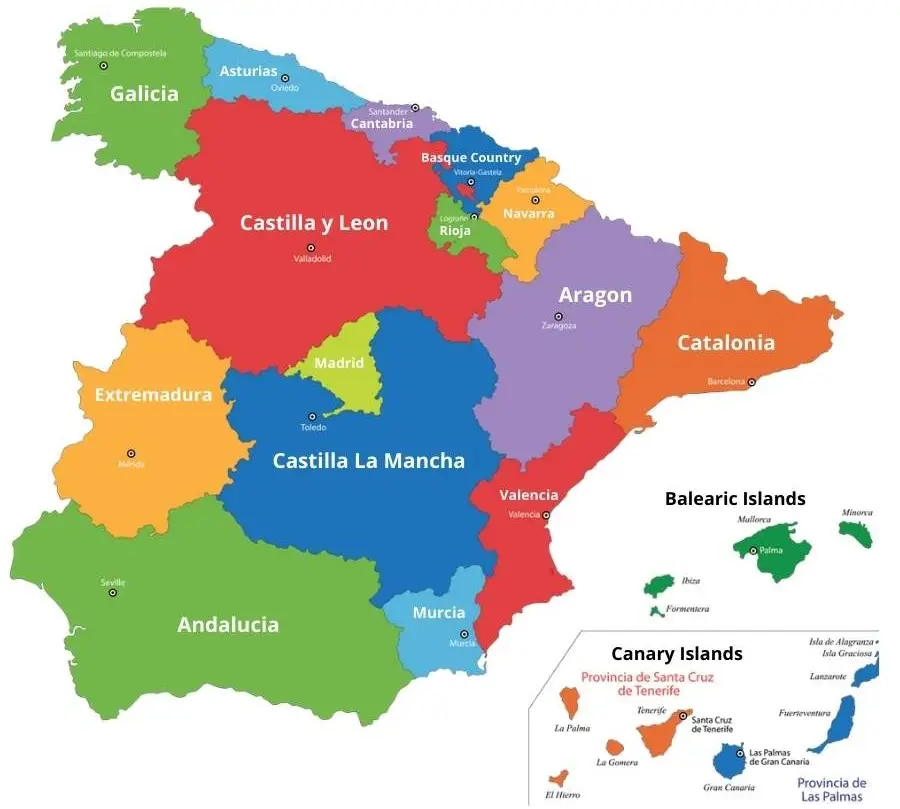 Map of Spain's various regions